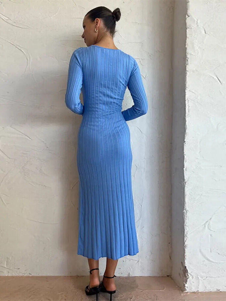 Knit Split Dress Women Knitted Autumn Lady's Commuter Office Robe