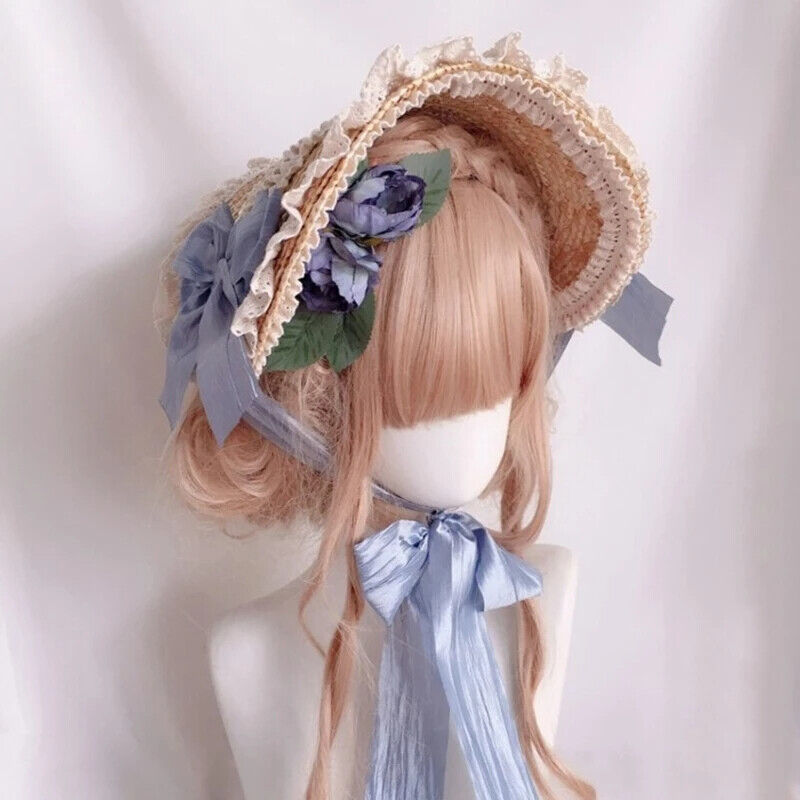 Women Lolita Hats Pastoral Style Flat Tops Lace Flower Ribbon Straw Beach Bonnet