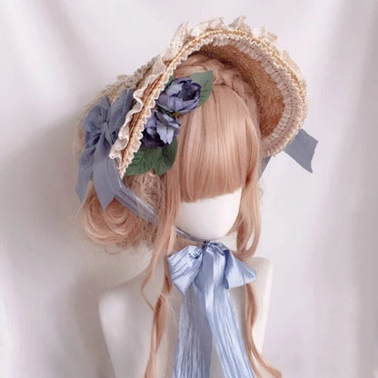 Women Lolita Hats Pastoral Style Flat Tops Lace Flower Ribbon Straw Beach Bonnet