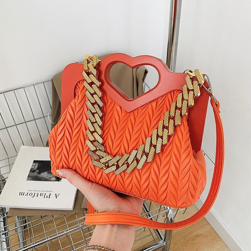 Green Chain Small Synthetic Leather Shoulder Crossbody Bag Wooden Handle Handbag