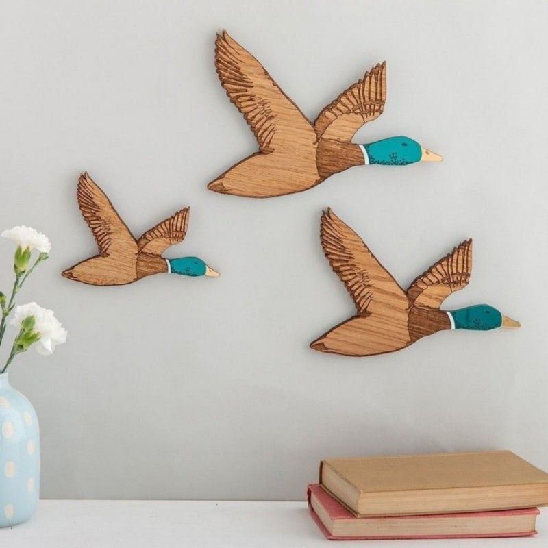 Mallard Duck Wall Art 3Pcs Flying Birds Decor Wooden Artwork Sculptures Pendants
