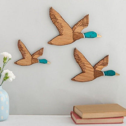 Mallard Duck Wall Art 3Pcs Flying Birds Decor Wooden Artwork Sculptures Pendants