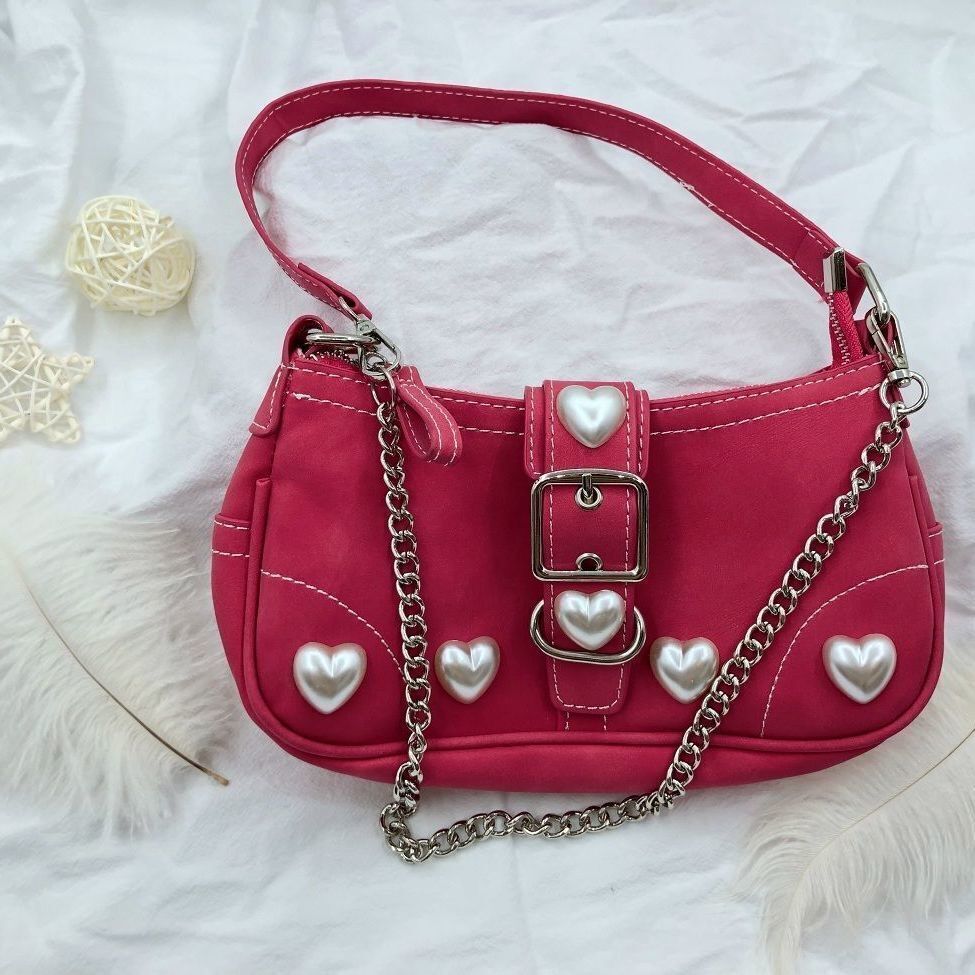 Rose Red Heart Shoulder Bag Underarm Purse Vintage Chain Pouch Crossbody 23*12*5