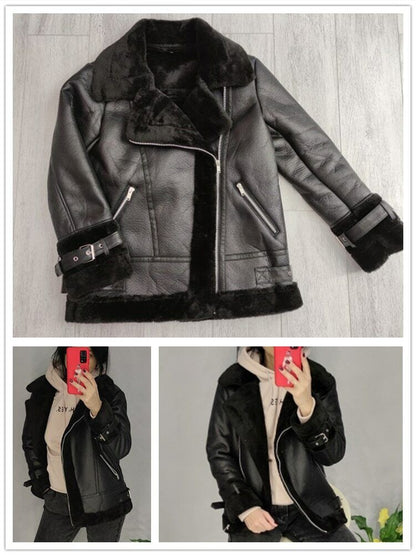 Pu Faux Soft Leather Black White Sheepskin Fur Jacket Female Aviator Outwear