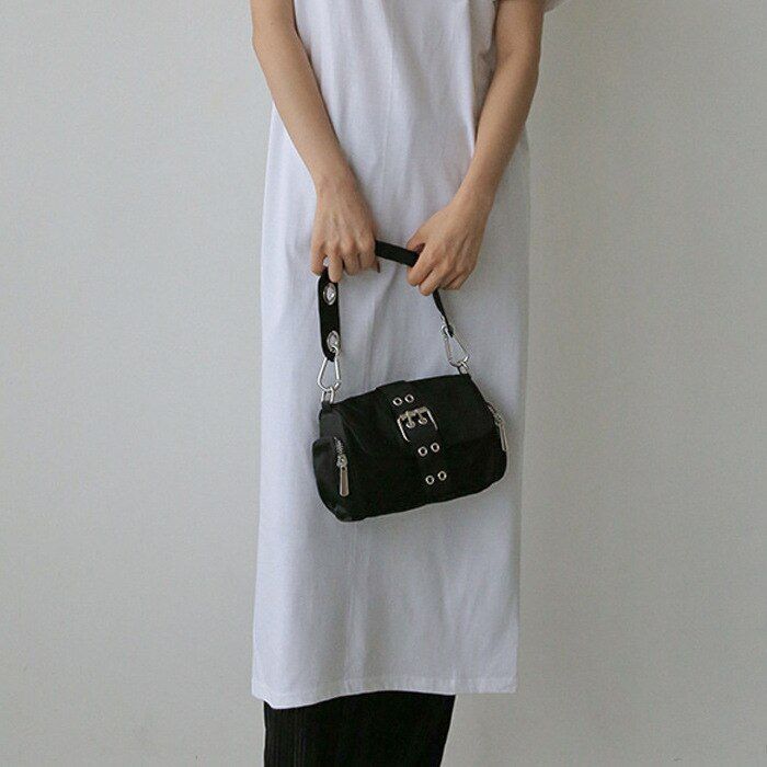 Nylon Women Bags Fashion Rivet Shoulder Bag Handbag Small Underarm Black 34*20*7