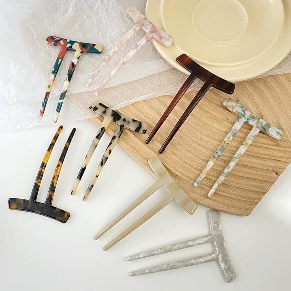 Women Hair Accessories Acetic Acid U-Shaped 2 Teeth Hairpin Fork Clips 9.6x6.6cm