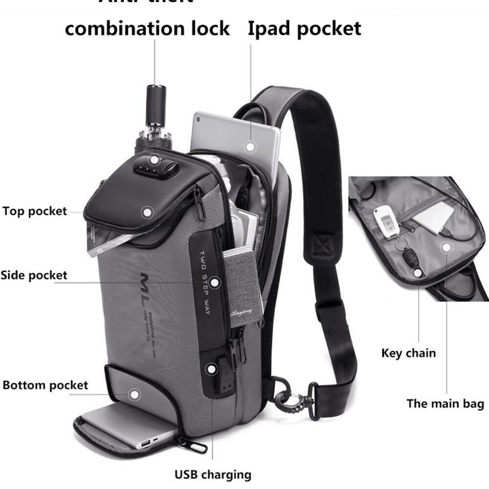 Men Anti-theft Lock Shoulder Bags USB Charging Crossbody Travel Chest Bag Pack
