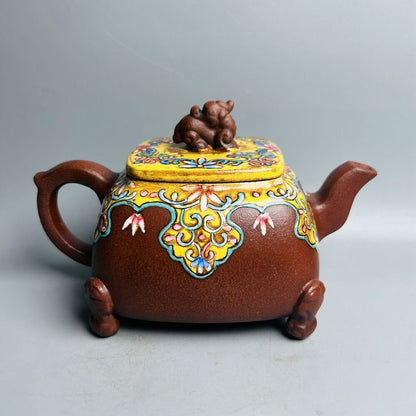 Vintage Chinese Yixing Purple Clay Teapot Zisha Ceremony Enamel Fine Teaware Art