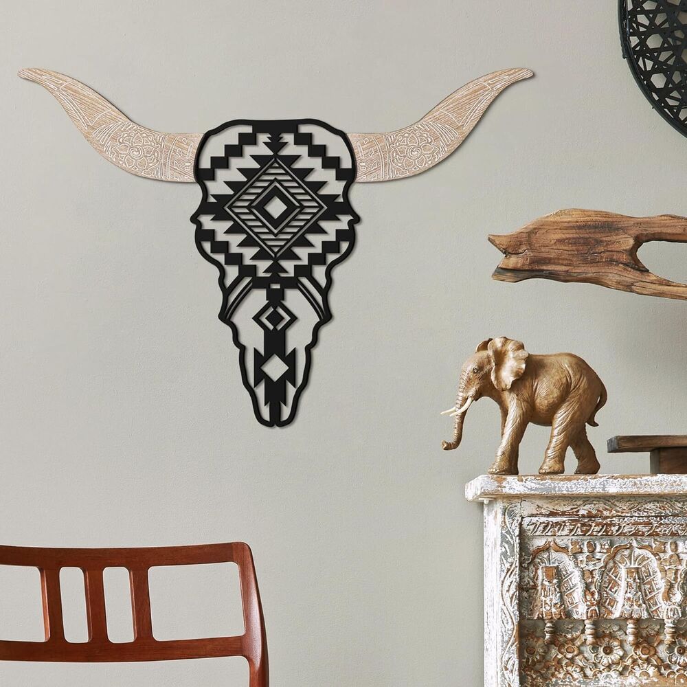 Aztec Cow Skull Art Decor Wooden and Metal Wall Art Decoration Home Office