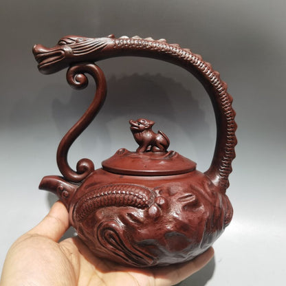 Vintage Chinese Yixing Purple Clay Teapot Zisha Ceramic Carving Dragon Teaware