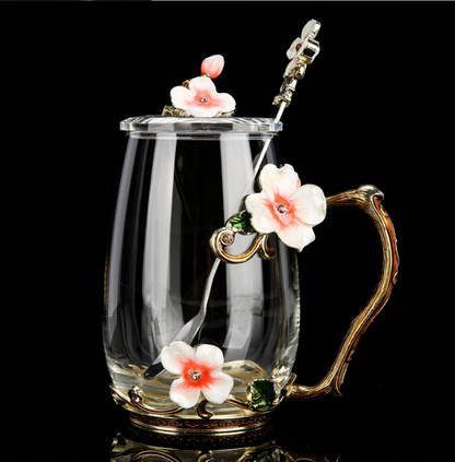 Enamel color water cup set with lid spoon crystal glass coffee cup tea cup