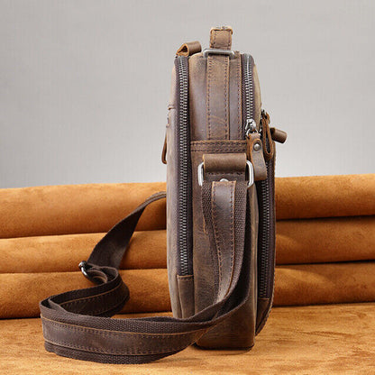 Crazy Horse Leather Men's Shoulder Bag 8inch Handbag Multifunction Crossbody Bag