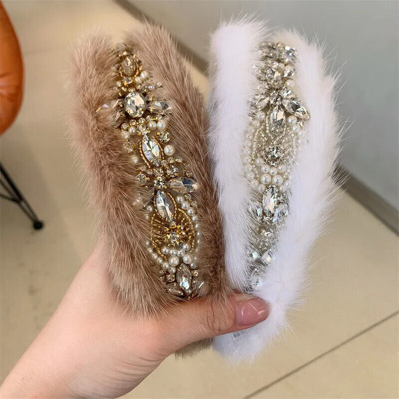 Women Headband Luxurious Faux Fur Crystal Hairband Casual Adult Hair Accessories