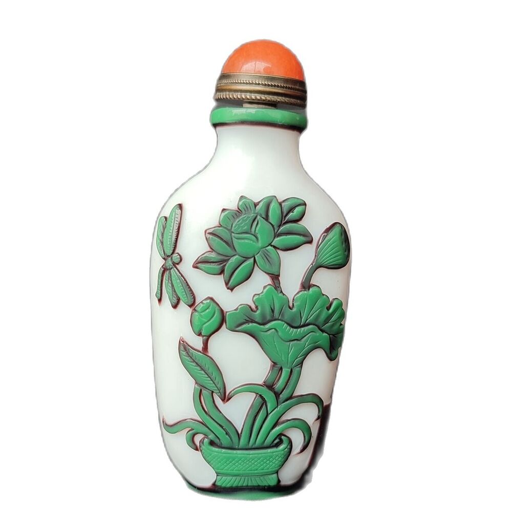 Chinese Carved Snuff Bottle Glass Beautiful Collection Dragonfly Lotus Odonata