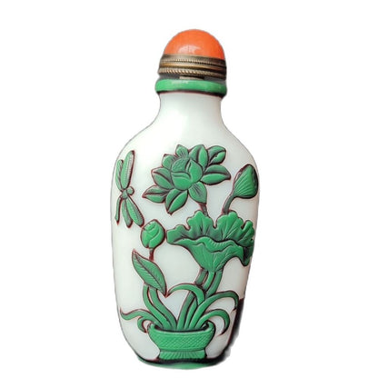 Chinese Carved Snuff Bottle Glass Beautiful Collection Dragonfly Lotus Odonata