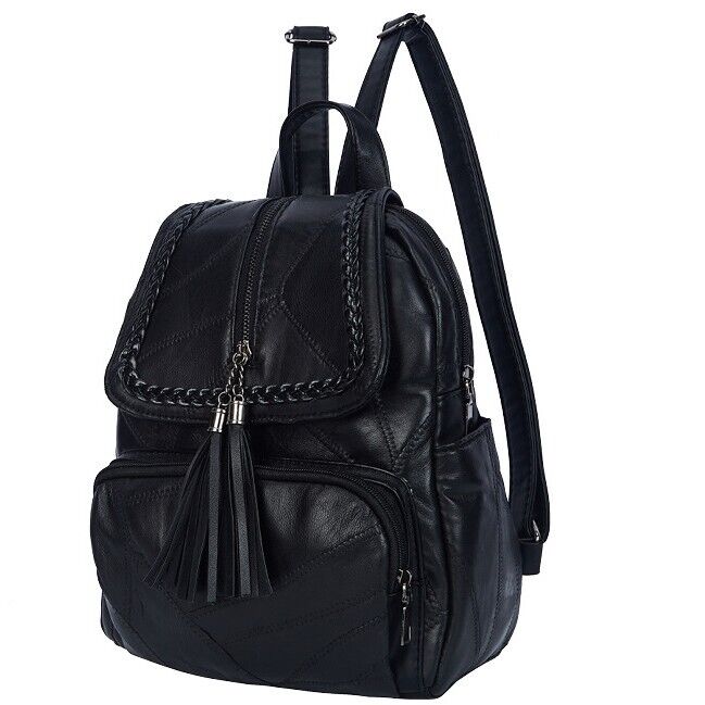 Top Soft PU Leather Black Women's Backpack Shoulder School Bag Retro Rucksack