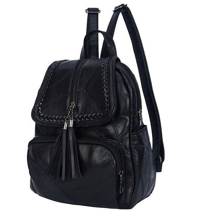 Top Soft PU Leather Black Women's Backpack Shoulder School Bag Retro Rucksack