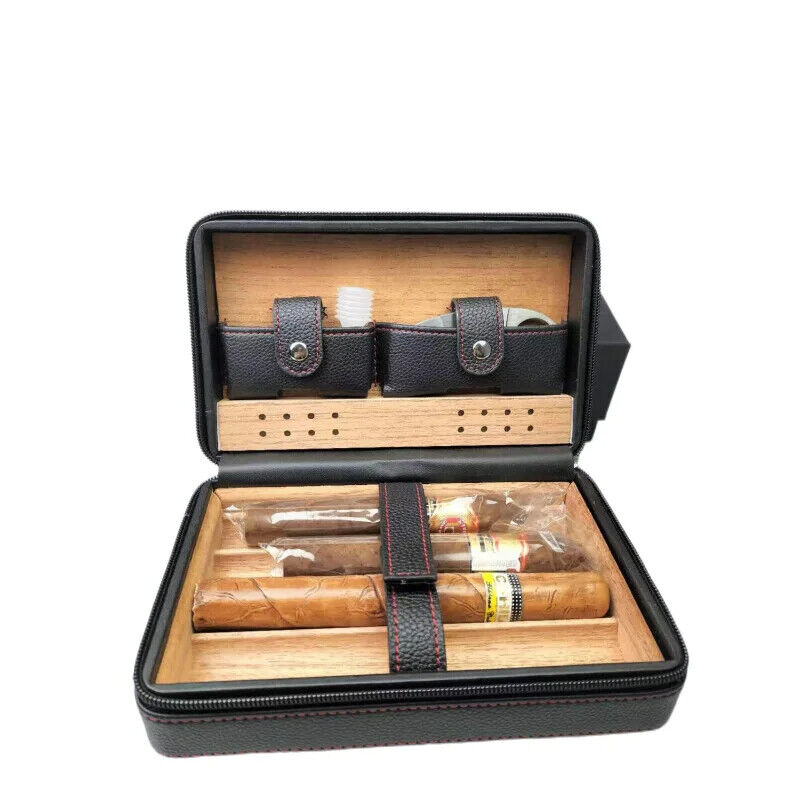 Cigar Humidor Boxes Leather Cedar Wood Smoking Travel Storage Case 13.5x8x20.5cm