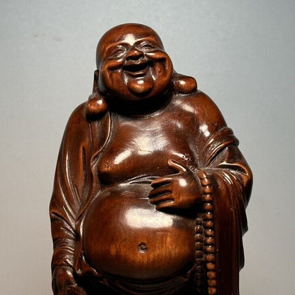 Vintage Chinese Boxwood Carving Laughing Buddha Statue Ornaments Wooden Figurine