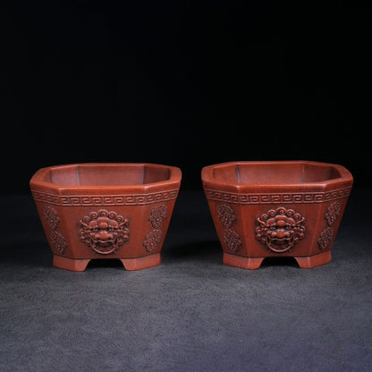Chinese Yixing Zisha Clay Handmade Exquisiteflowerpot (a pair) （花盆（一对） 底款：铁画轩）