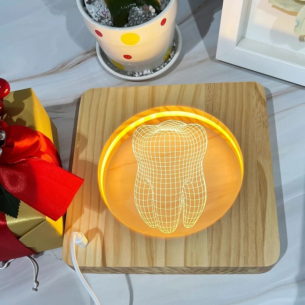 Table Lamps Wood 3D Tooth Shape Creative LED Light USB Kids Baby Birthday Gifts