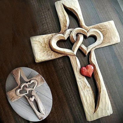 Carved Wood Cross Intertwined Hearts Christian Crucifix Religious Decors 16x23cm