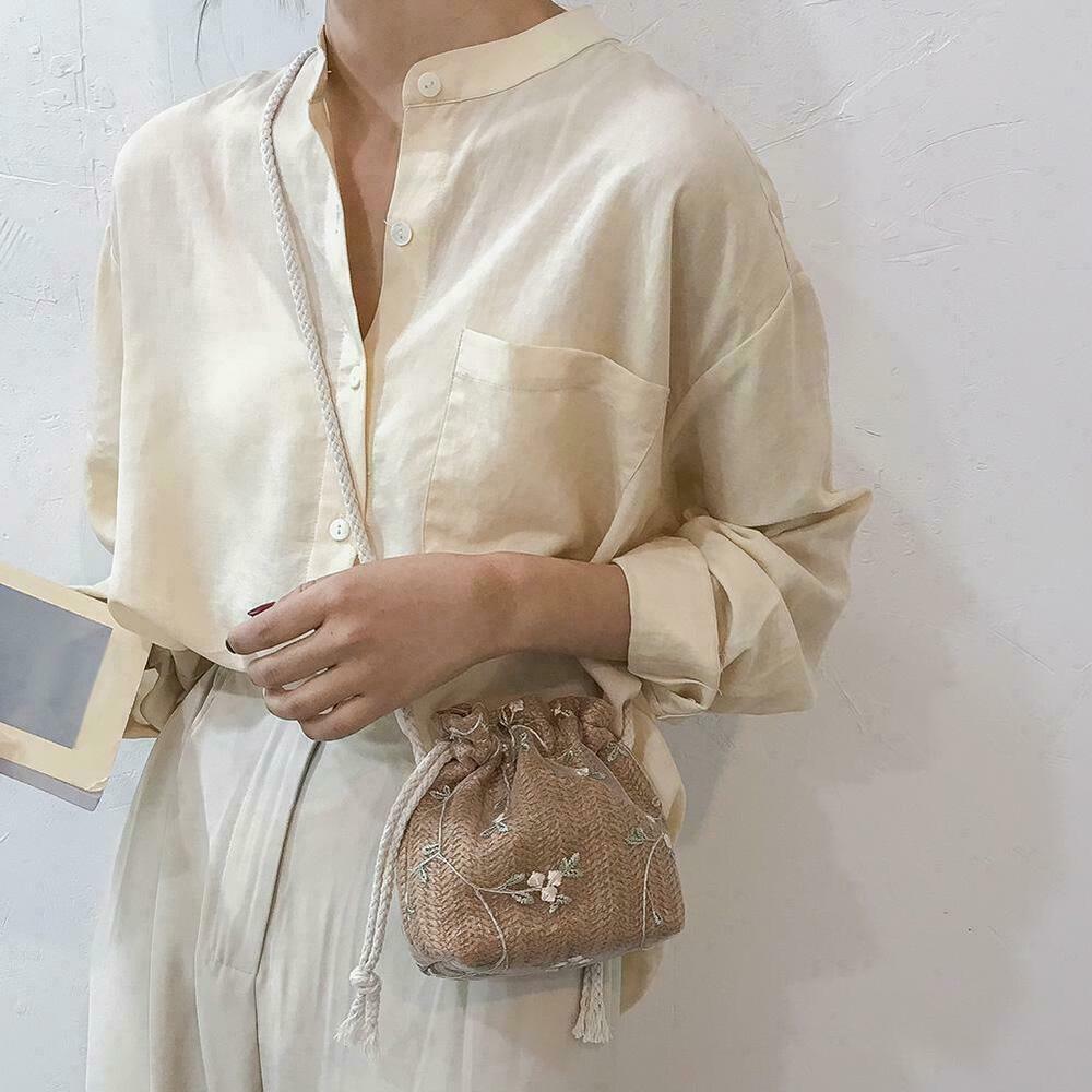 Shoulder Bags Women Drawstring Straw Bags Embroidery Bags Crossbody Handbags