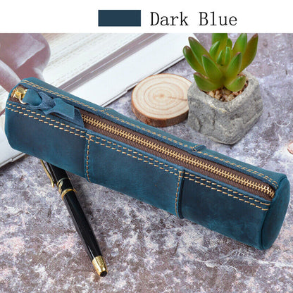 Handmade Cowhide Leather Pen Pouch Zipper Pencil Case Stationery Storage Bag