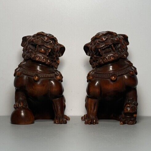 Vintage Chinese Boxwood Carved A Pair Lion Statue Desk Decor Wood Figurines Rare