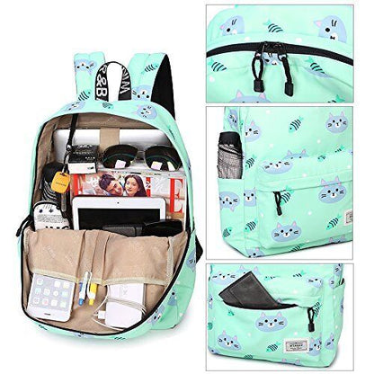 mygreen Bookbags for 14 inch Laptop, Green, Cat and Fish, 14 Inch Laptop