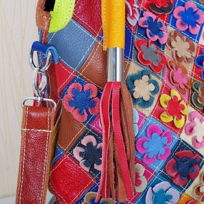 Genuine Leather Cowhide Bag Handmade FlowersShoulder Bag Female Handbag