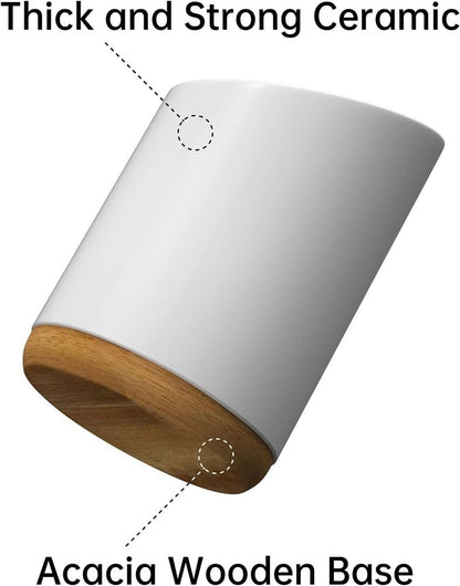 Ceramic Utensil Holder for Kitchen Countertop Caddy Organizer with Wooden Base