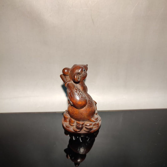 A nice happy little mouse wood carvings money bag Carved statue room decor gift
