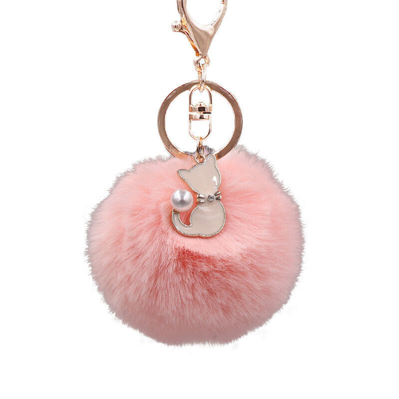 Cute Pompom Cat Key Chain Fluffy Key Ring Bag Car Trinket Female Party GiftL-ca