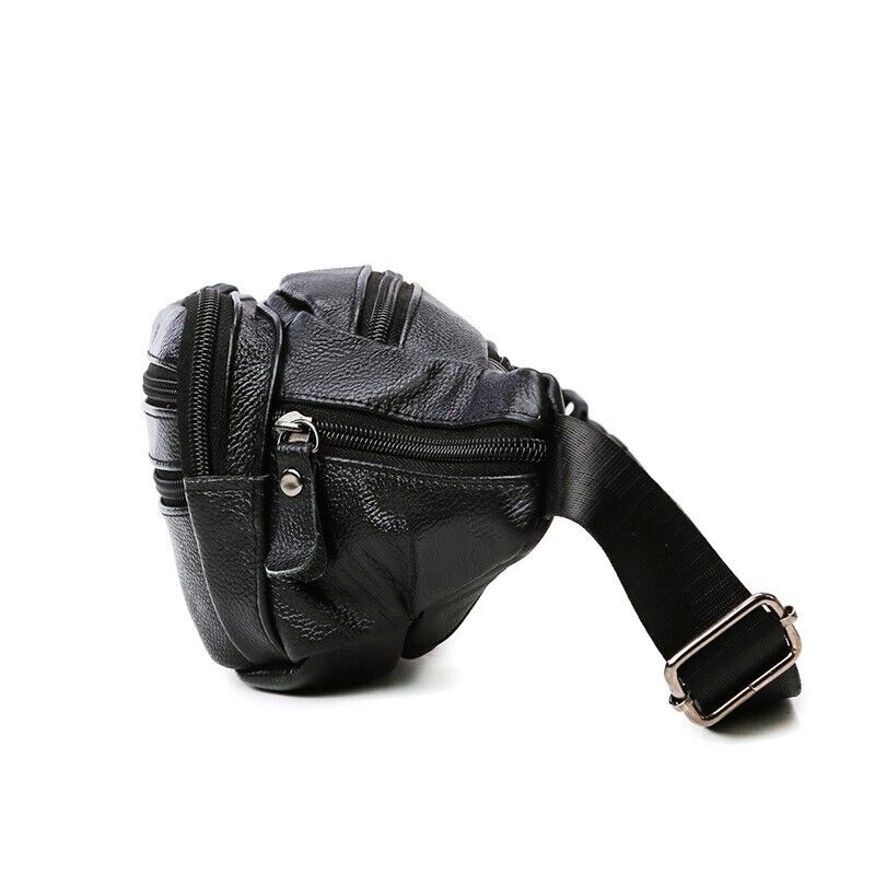 Cross-body Bag Genuine Leather Black Fanny Pack Men waist Bag Running