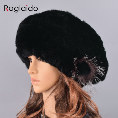 Berets Caps Women Rabbit Fur Hat Causal Warm Knitted Caps Outdoor Volume Hats