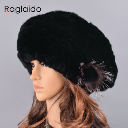 Berets Caps Women Rabbit Fur Hat Causal Warm Knitted Caps Outdoor Volume Hats