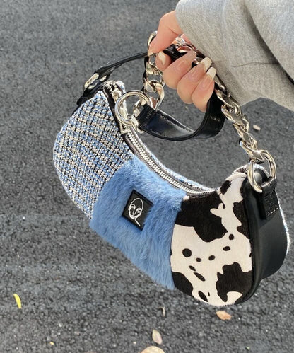 Patchwork Plush Bag Vintage Zipper Chains Aesthetic Purse 32*12*4 CM Blue 1 PC