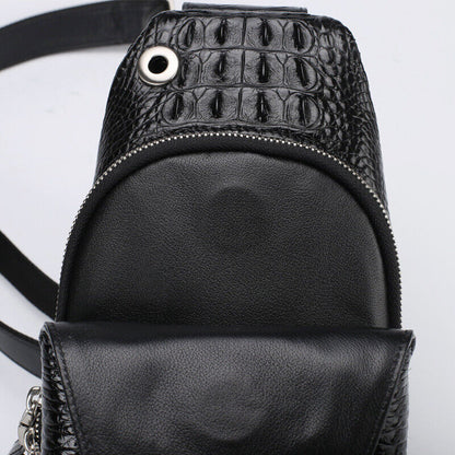Handcrafted Siamese Crocodile Leather Crossbody Chest Bags Men's Sling Backpack