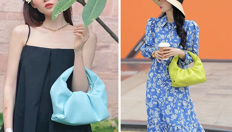 Small Mini Real Leather Ruched Tote Pouch bag Purse Clutch Clip on Top Handle