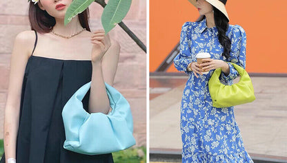 Small Mini Real Leather Ruched Tote Pouch bag Purse Clutch Clip on Top Handle
