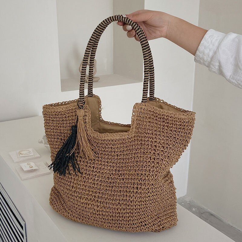 Straw Weave Tassel Beach Bag Large Fashion Shoulder Bag Handbag Purse 43*40*4 CM