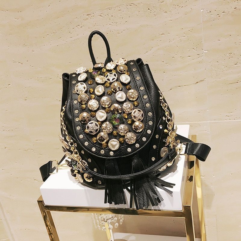 Personalized Single Shoulder Bag Rivet Button Bucket Chain Bag Tassels Backpack