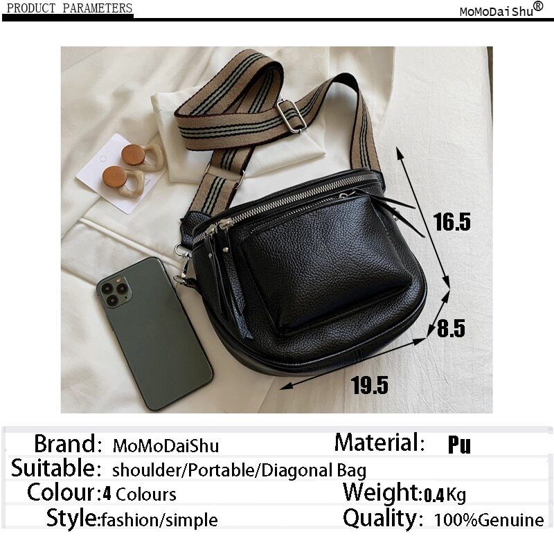 Crossbody Bag Pu Leather Bags Ladies Zipper Wide Shoulder Woman Bag Female Bags