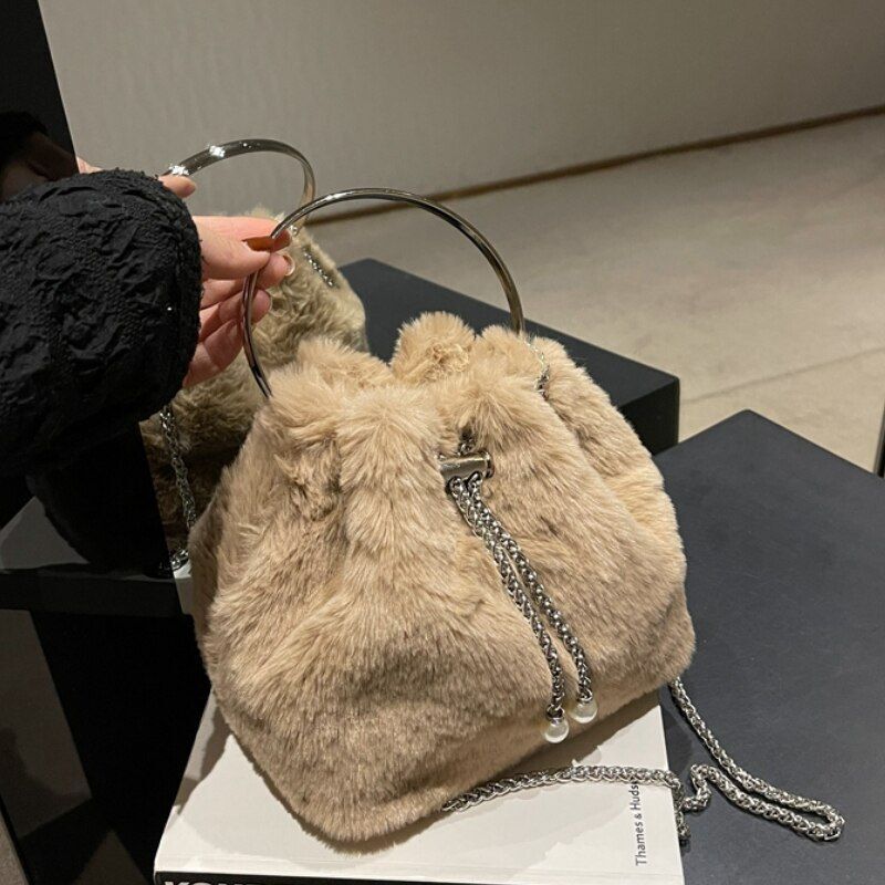 Bucket Bag Faux Fur Shoulder Crossbody Bags Totes Shopping Bag Polyester Purse