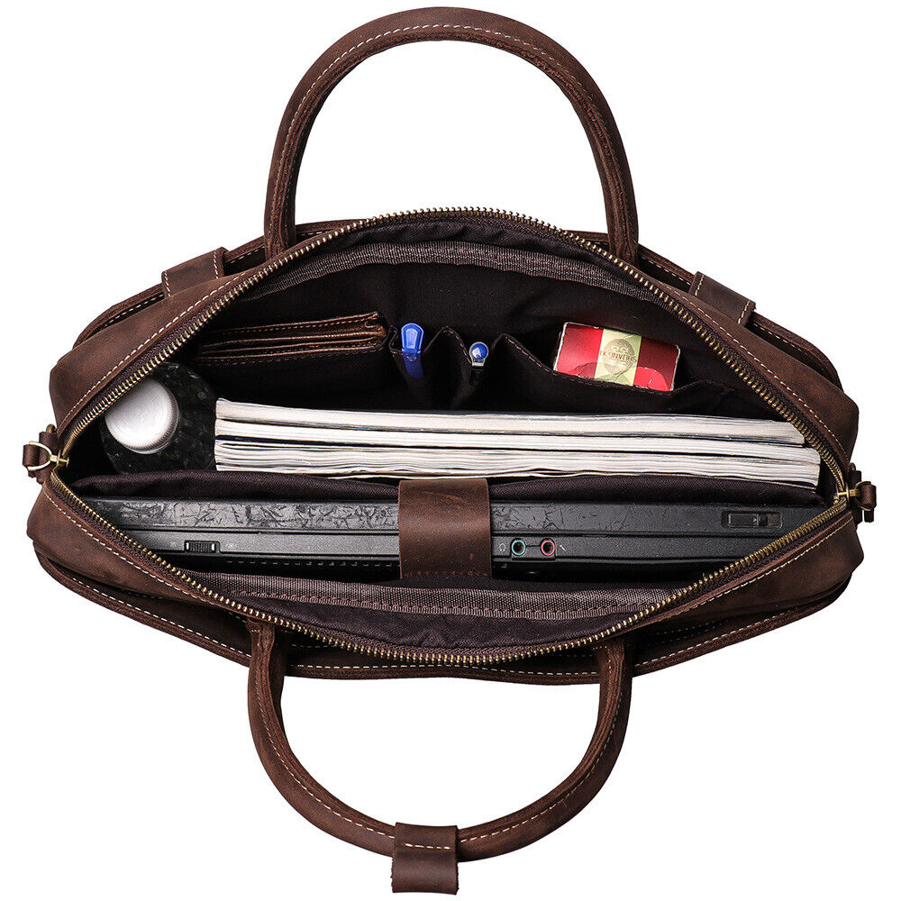 Men's Portable Briefcase Crazy Horse Leather Sling Shoulder Bags for 14" Laptop