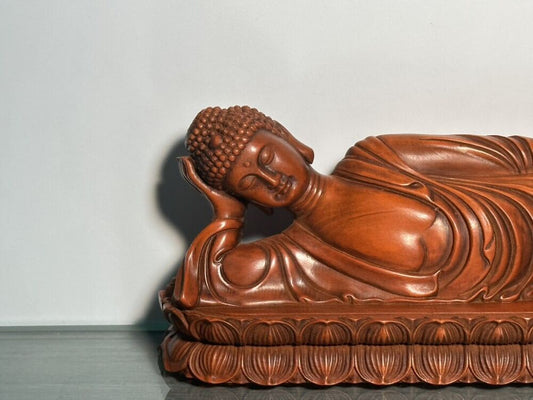 Chinese Wooden Carving Boxwood Reclining Buddha Statue Sculpture Home Decor Art