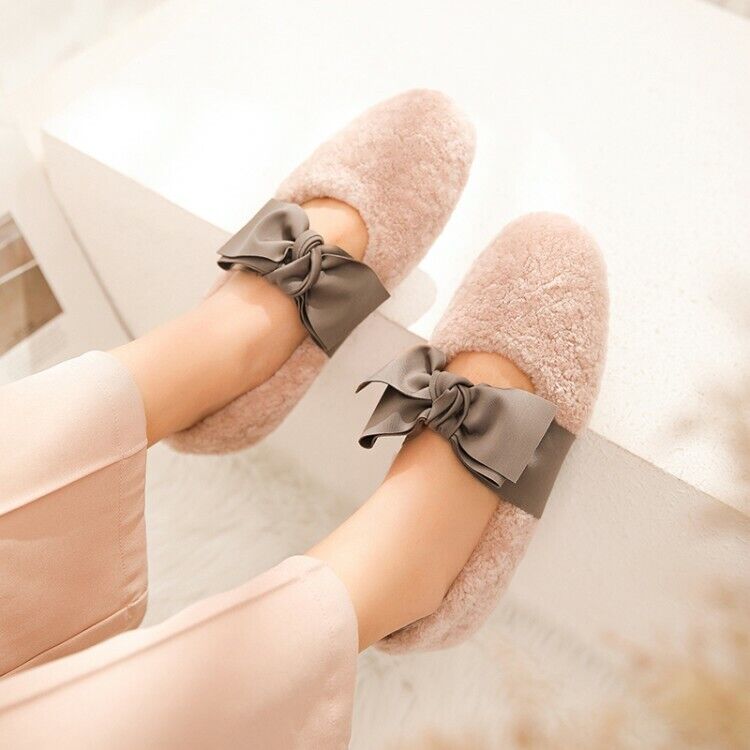 Women Lamb Fur Fluffy Bow Knot Ballerinas Ballet Flat Shoes Casual Comfort Shoes