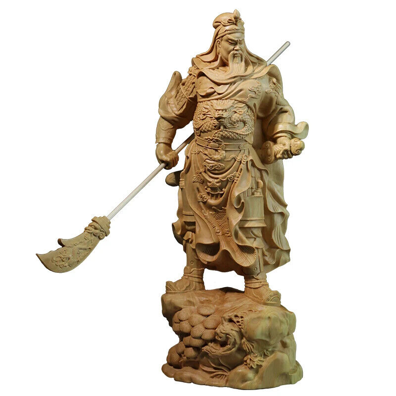 20cm Standing Guanyu Wood Statue Chinese Boxwood Feng Shui Wealth God Guan Gong