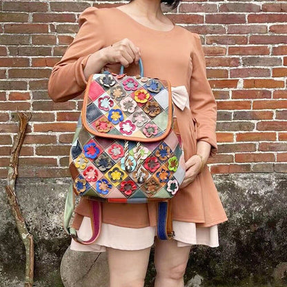 Top Real Leather Women's Bacpack, Desinger Colorful Patchwork Floral Travel Bag